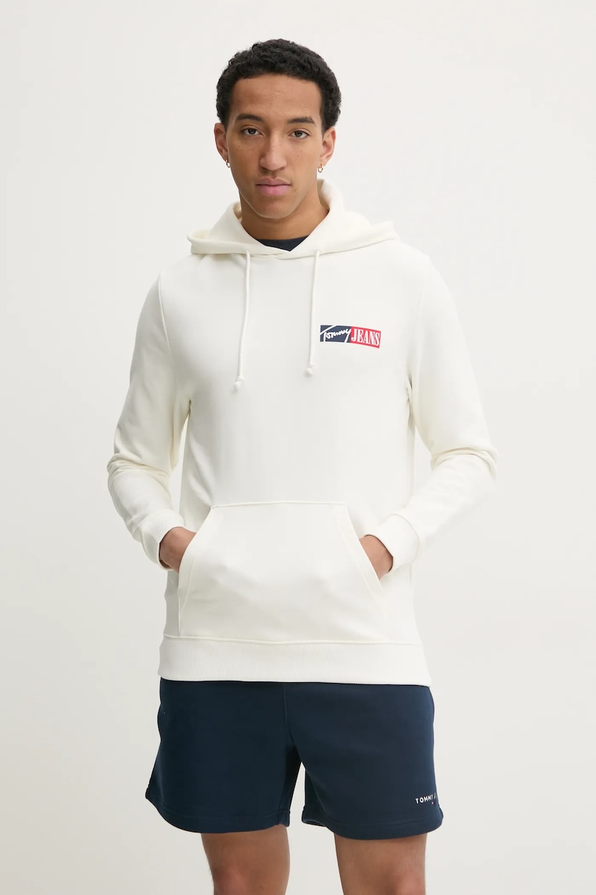 Tommy Jeans hanorac de bumbac pentru copii bărbați, culoarea alb, cu glugă, cu imprimeu, DM0DM20257 Tommy Jeans hanorac de bumbac pentru copii bărbați, culoarea alb, cu glugă, cu imprimeu, DM0DM20257