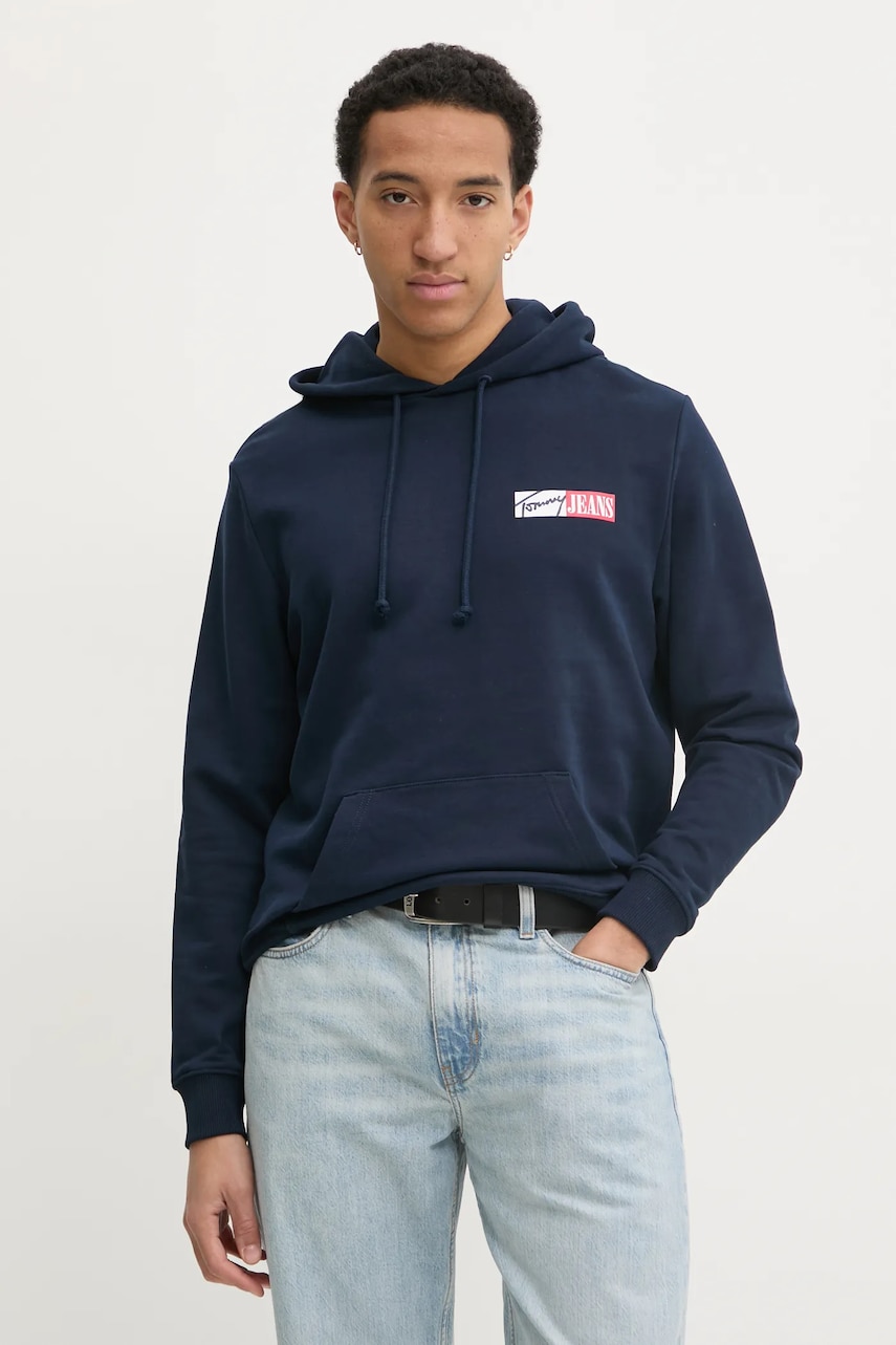 Tommy Jeans hanorac de bumbac pentru copii bărbați, culoarea bleumarin, cu glugă, cu imprimeu, DM0DM20257 Tommy Jeans hanorac de bumbac pentru copii bărbați, culoarea bleumarin, cu glugă, cu imprimeu, DM0DM20257