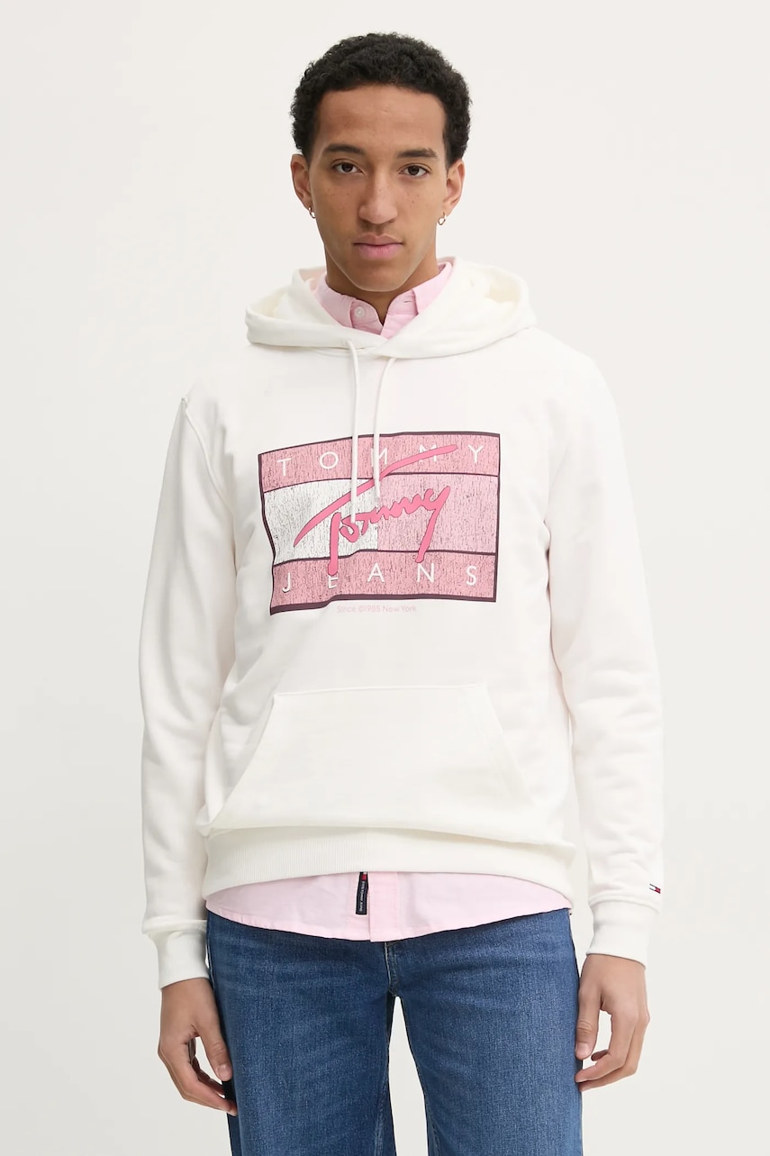 Tommy Jeans hanorac de bumbac bărbați, culoarea bej, cu glugă, cu imprimeu, DM0DM21100 Tommy Jeans hanorac de bumbac bărbați, culoarea bej, cu glugă, cu imprimeu, DM0DM21100