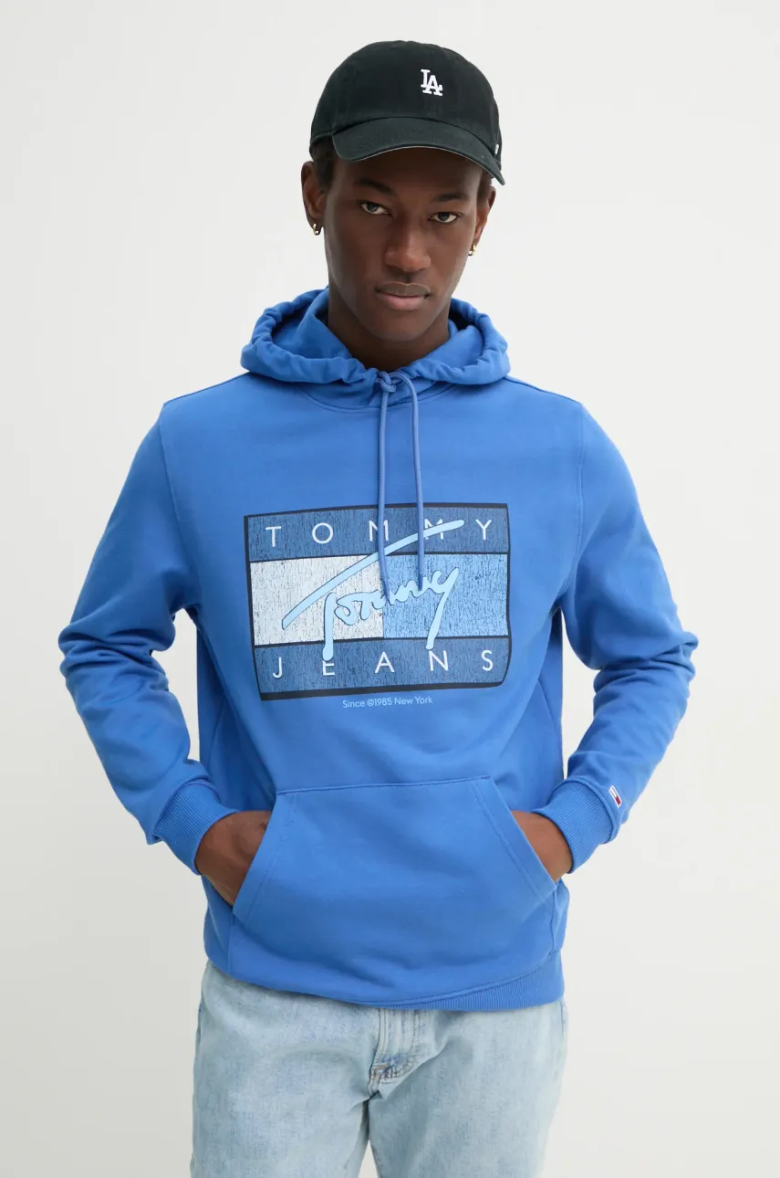 Bavlněná mikina Tommy Jeans pánská, fialová barva, s kapucí, s potiskem, DM0DM21100