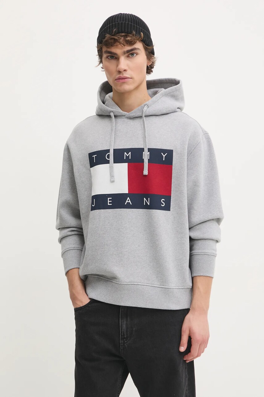 Tommy Jeans bluză bărbați, culoarea gri, cu glugă, cu imprimeu, DM0DM21174
