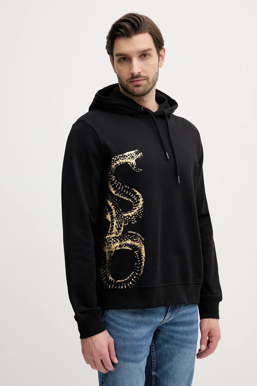 Levně Bavlněná mikina Armani Exchange pánská, černá barva, s kapucí, s potiskem, XM000217 AF10830