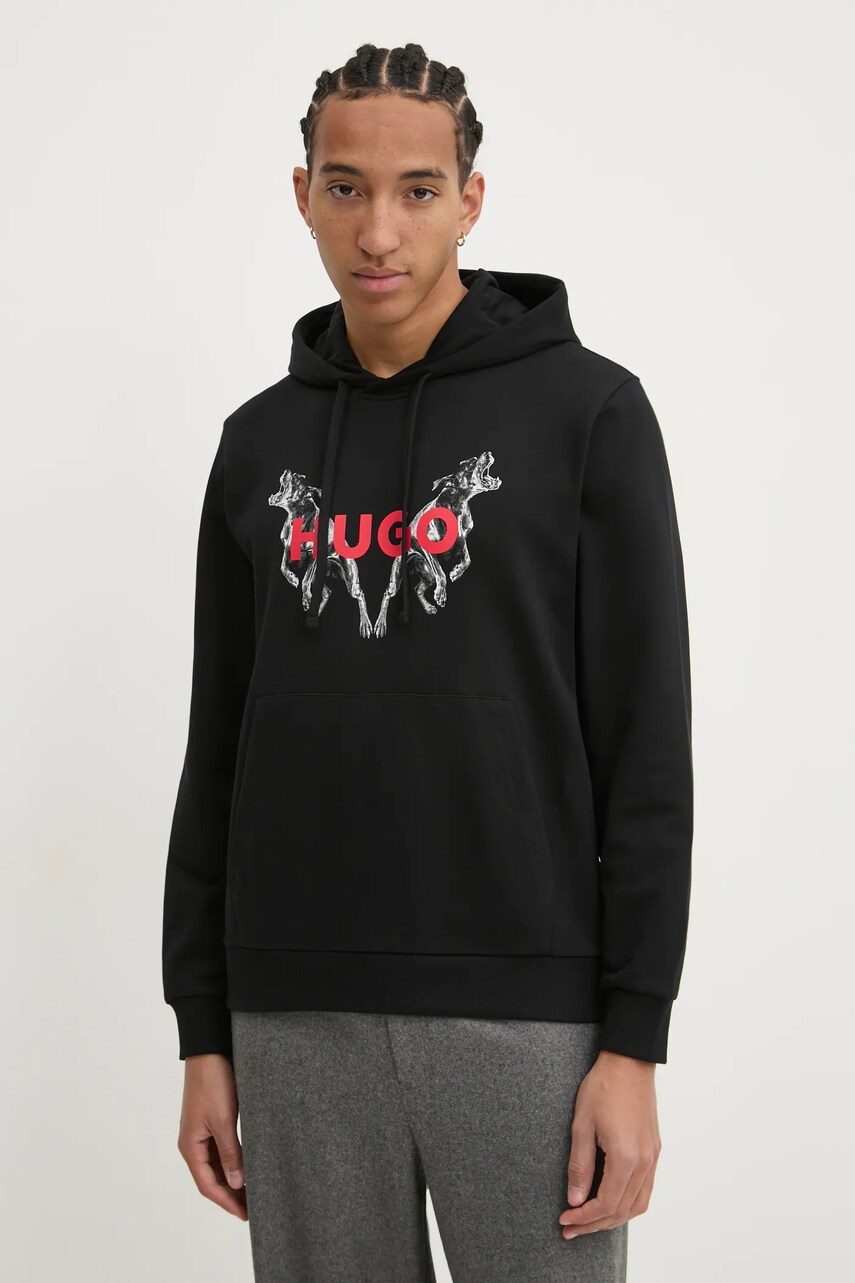 HUGO hanorac de bumbac barbati, culoarea negru, cu gluga, cu imprimeu, 50530580