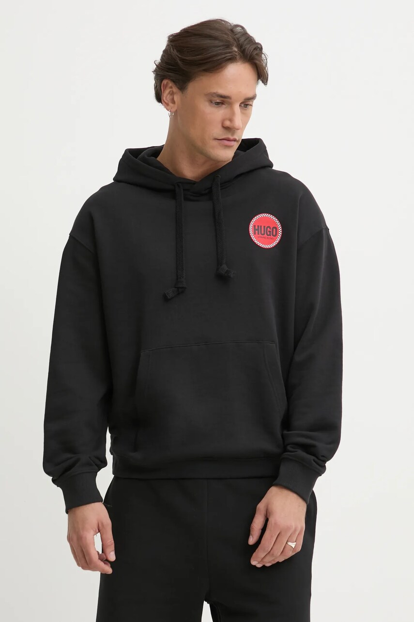 HUGO hanorac de bumbac barbati, culoarea negru, cu gluga, cu imprimeu, 50530658