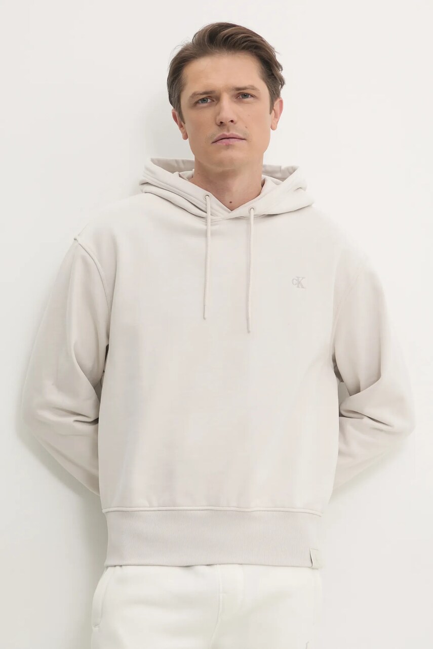 Levně Bavlněná mikina Calvin Klein Jeans pánská, béžová barva, s kapucí, hladká, J30J326748