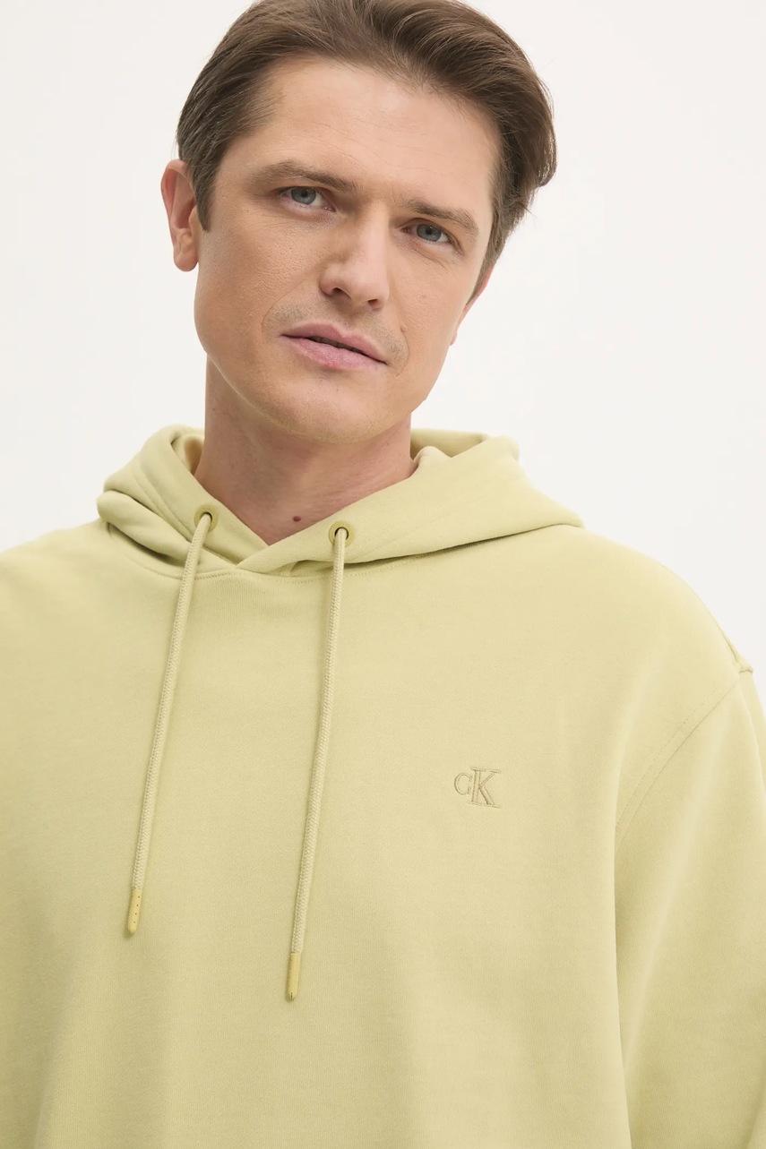 Levně Bavlněná mikina Calvin Klein Jeans pánská, žlutá barva, s kapucí, hladká, J30J326748