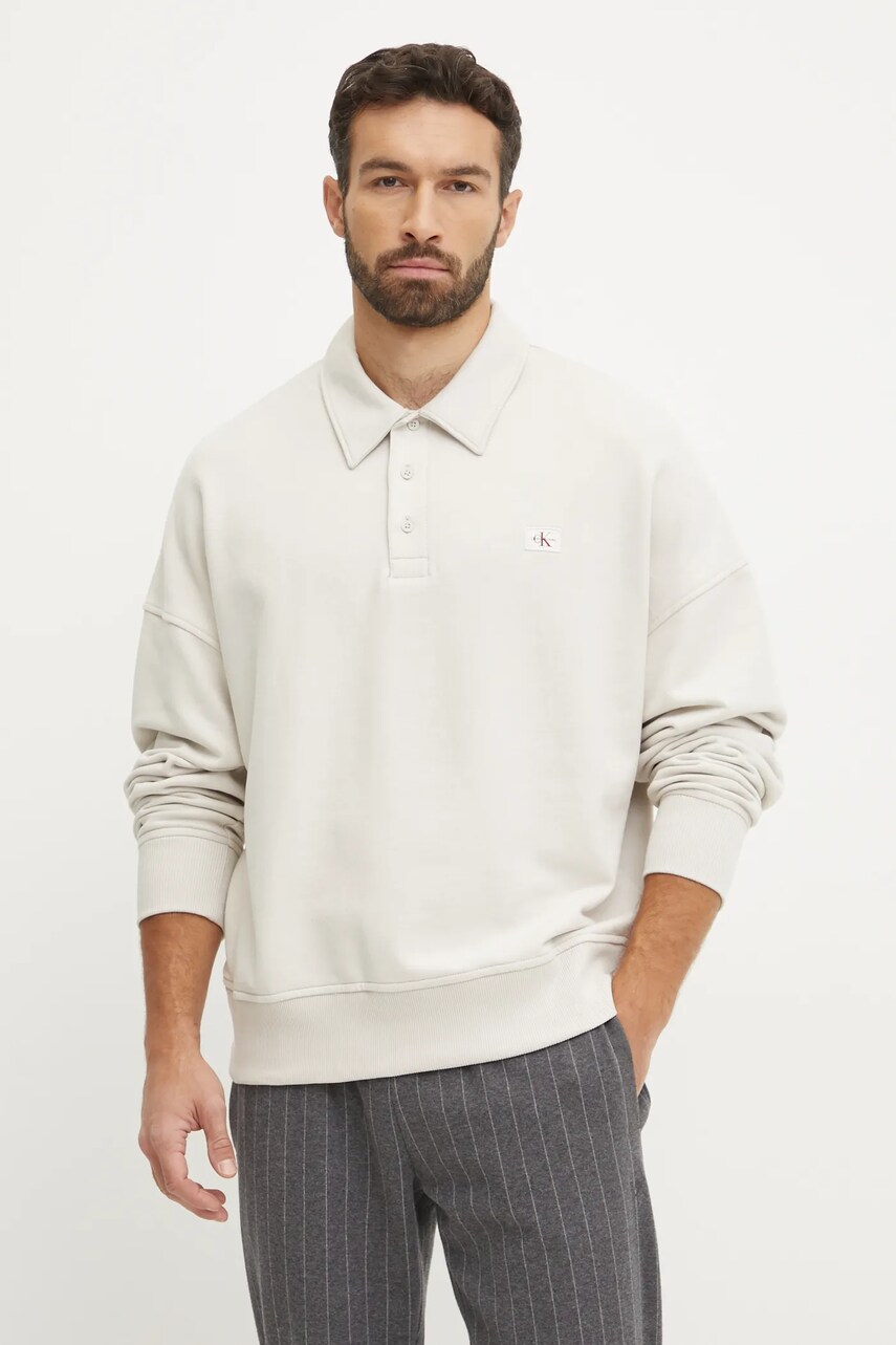 Levně Bavlněná mikina Calvin Klein Jeans pánská, béžová barva, hladká, J30J327037