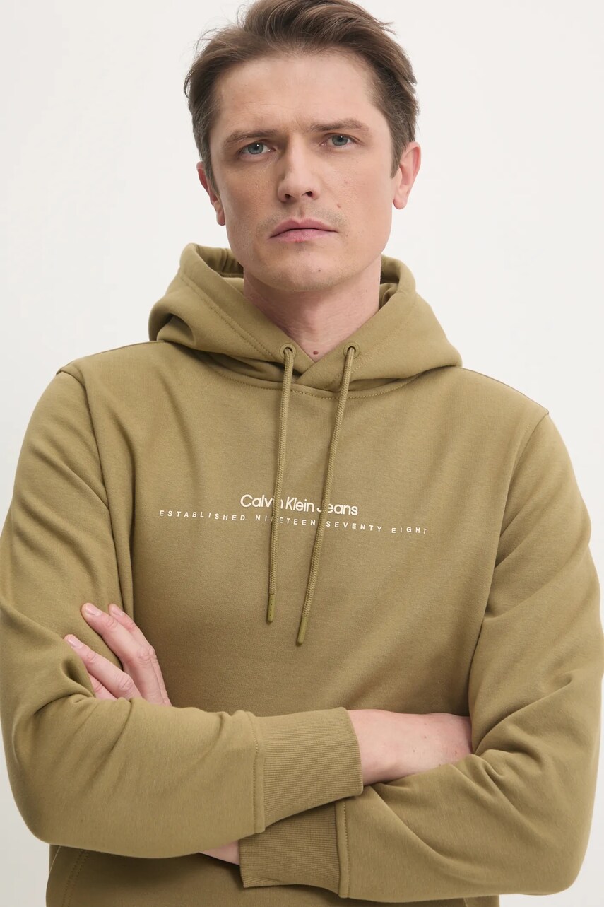 Levně Mikina Calvin Klein Jeans pánská, zelená barva, s kapucí, s potiskem, J30J327076