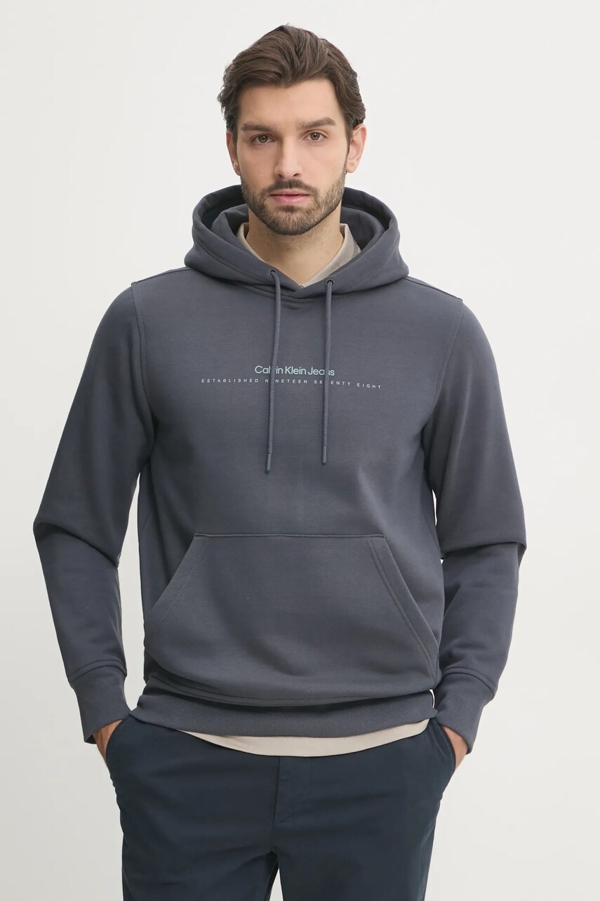 Levně Mikina Calvin Klein Jeans pánská, šedá barva, s kapucí, s potiskem, J30J327076