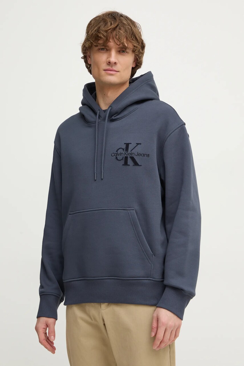 Levně Mikina Calvin Klein Jeans pánská, modrá barva, s kapucí, s aplikací, J30J327106
