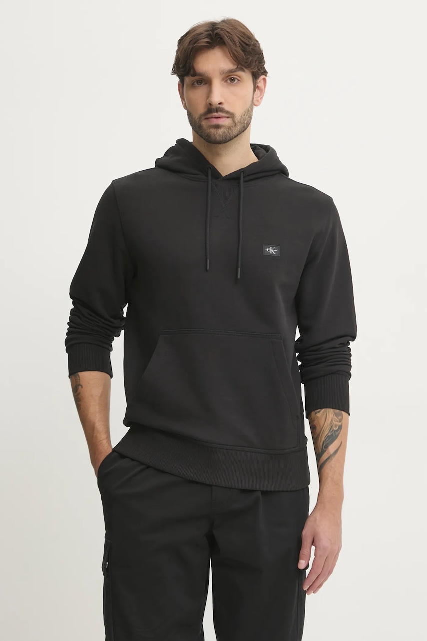 Bavlněná mikina Calvin Klein Jeans pánská, černá barva, s kapucí, hladká, J30J327113