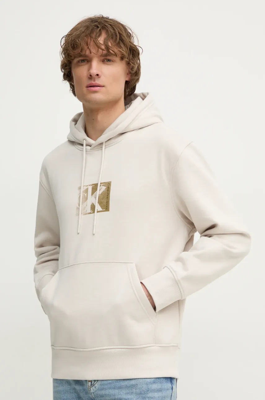 Levně Mikina Calvin Klein Jeans pánská, béžová barva, s kapucí, s potiskem, J30J327118