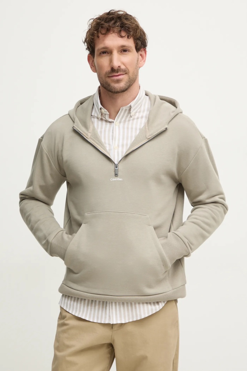 Levně Mikina Calvin Klein pánská, béžová barva, s kapucí, hladká, K10K113762