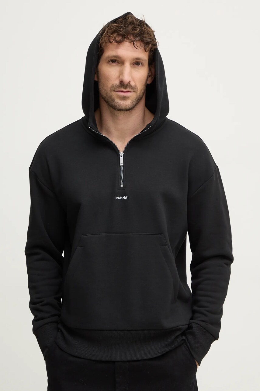 Levně Mikina Calvin Klein pánská, černá barva, s kapucí, hladká, K10K113762