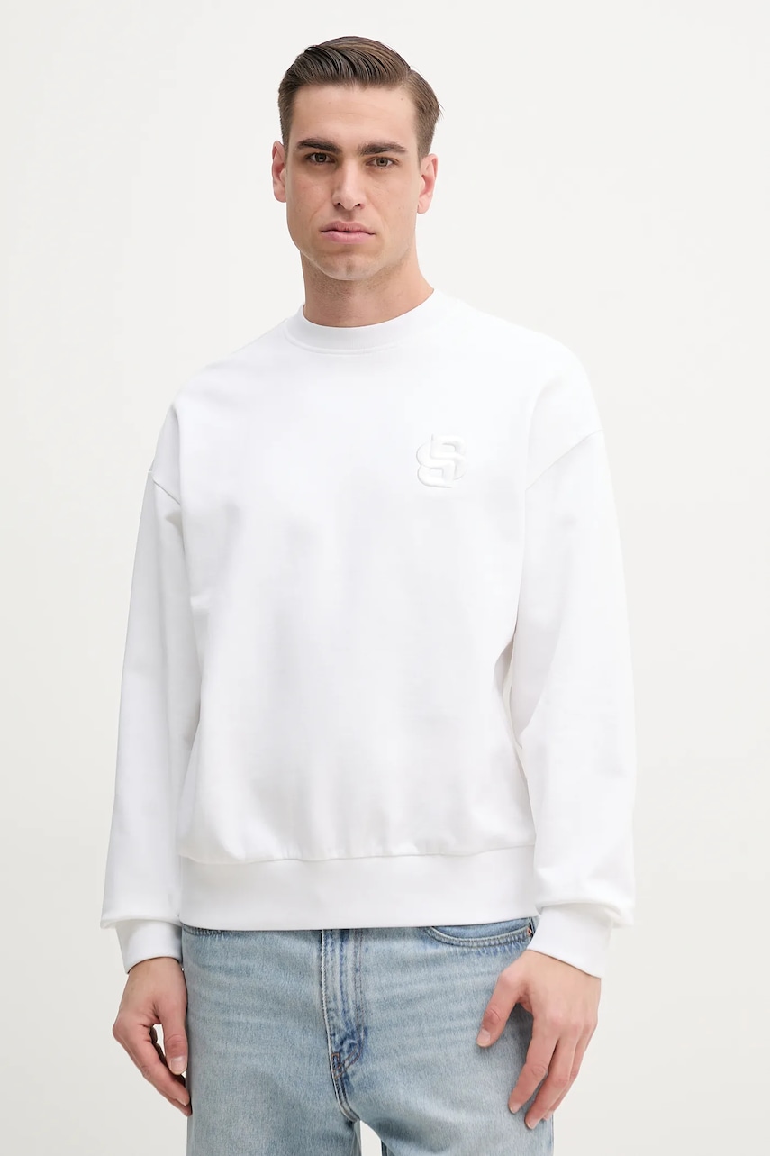 BOSS hanorac de bumbac barbati, culoarea alb, cu imprimeu, 50533075 BOSS hanorac de bumbac barbati, culoarea alb, cu imprimeu, 50533075