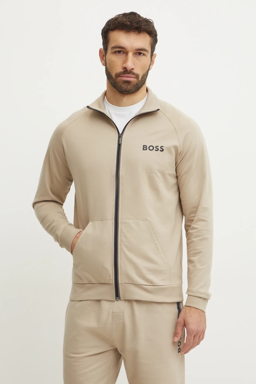 BOSS hanorac de bumbac bărbați, culoarea bej, cu imprimeu, 50535823 BOSS hanorac de bumbac bărbați, culoarea bej, cu imprimeu, 50535823