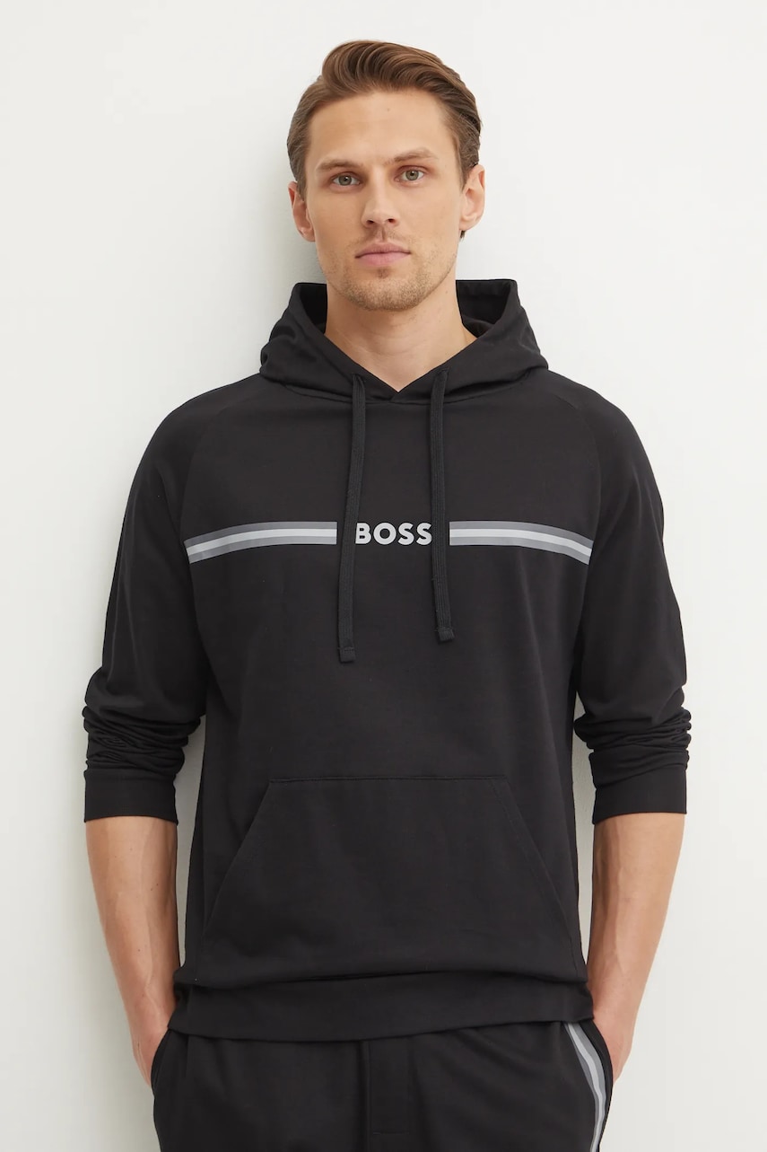BOSS hanorac lounge din bumbac culoarea negru, cu glugă, cu imprimeu, 50535854 BOSS hanorac lounge din bumbac culoarea negru, cu glugă, cu imprimeu, 50535854