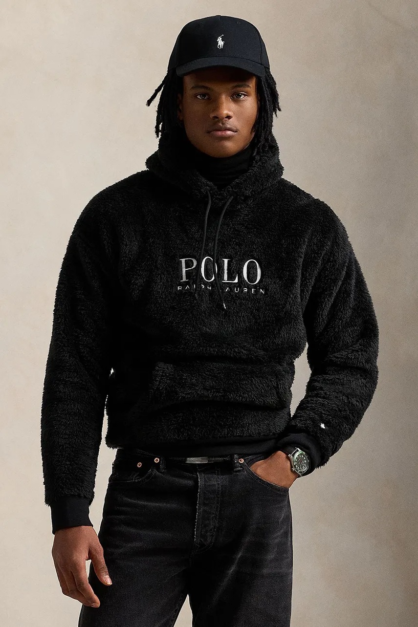 Levně Mikina Polo Ralph Lauren pánská, černá barva, s kapucí, s potiskem, 710962011