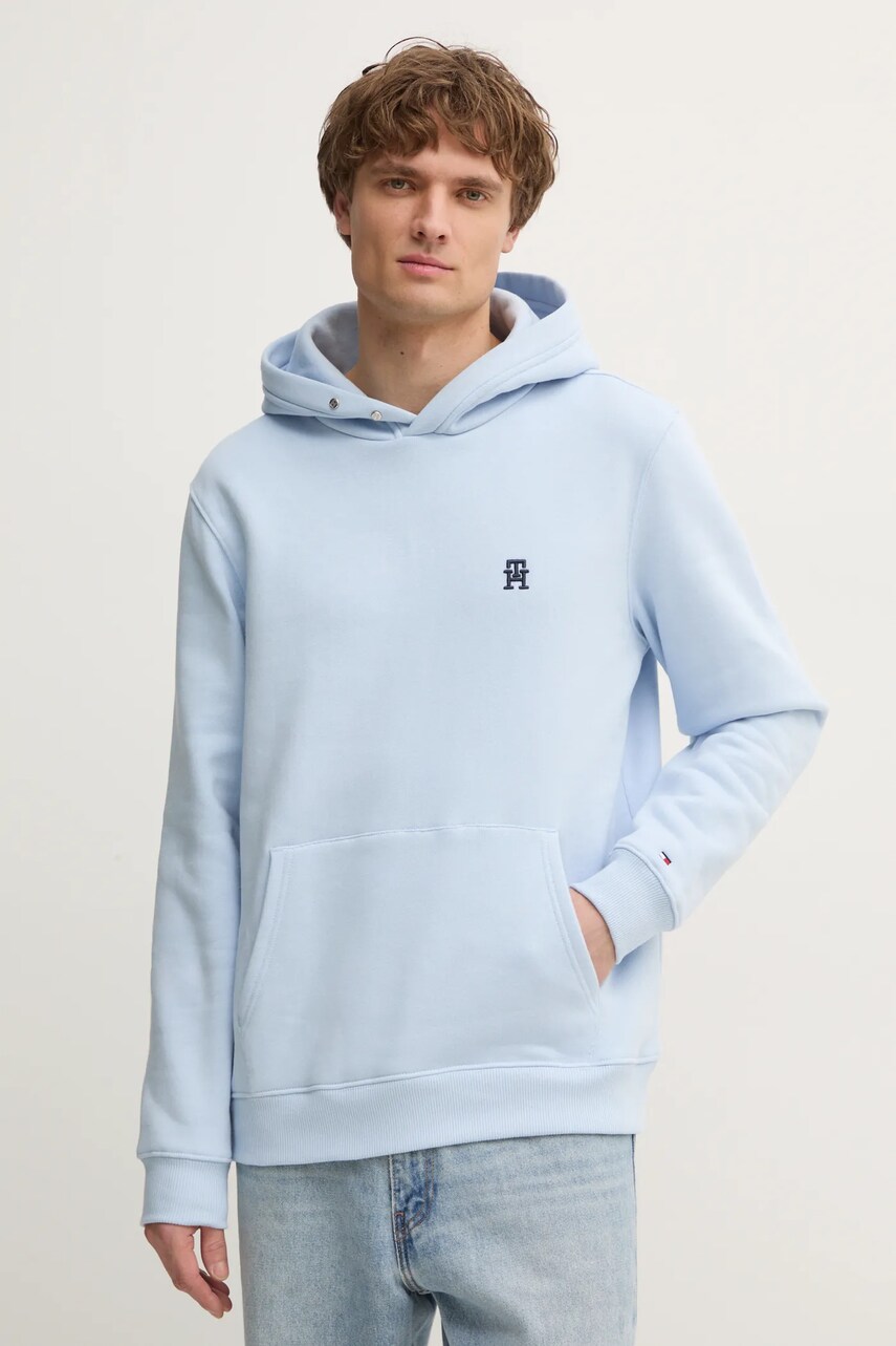 Levně Bavlněná mikina Tommy Hilfiger pánská, modrá barva, s kapucí, hladká, MW0MW37469