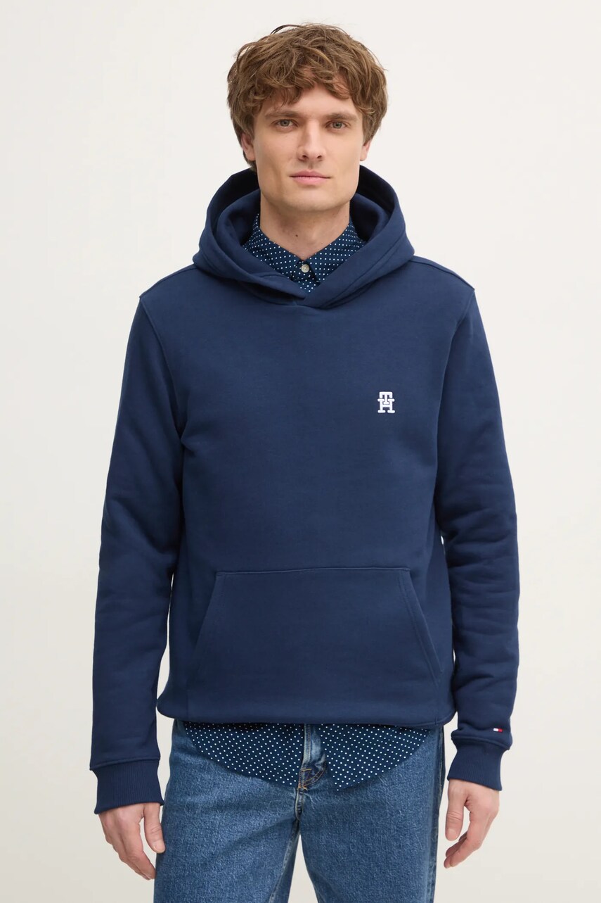 Levně Bavlněná mikina Tommy Hilfiger pánská, tmavomodrá barva, s kapucí, hladká, MW0MW37469