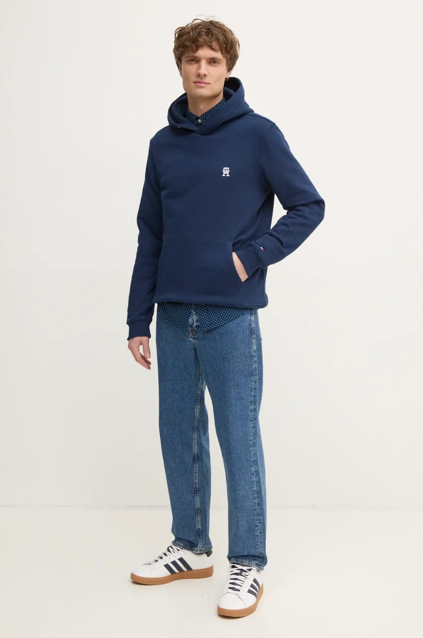 Хлопковая кофта Tommy Hilfiger мужская цвет синий с капюшоном однотонная MW0MW37469 Хлопковая кофта Tommy Hilfiger мужская цвет синий с капюшоном однотонная MW0MW37469