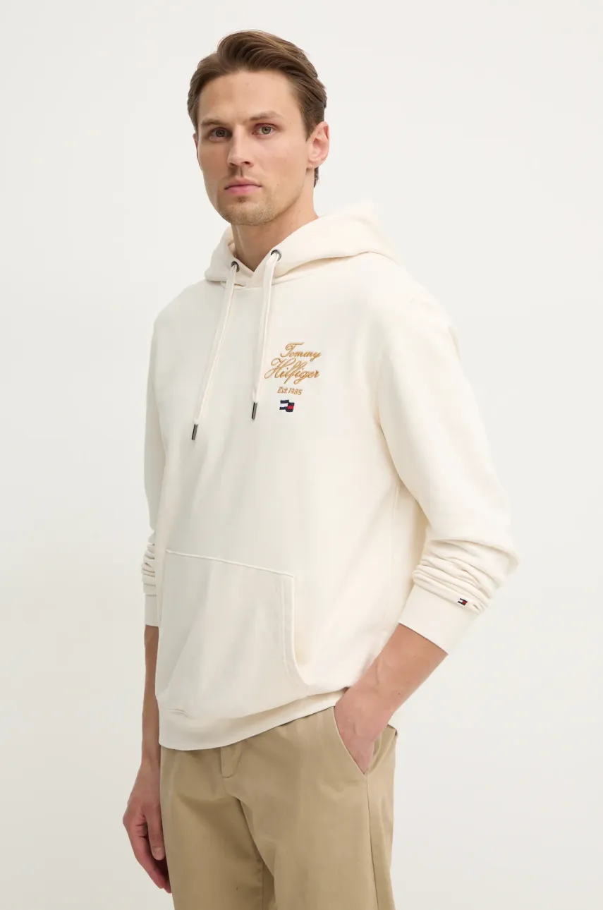 Levně Mikina Tommy Hilfiger pánská, béžová barva, s kapucí, s aplikací, MW0MW37475