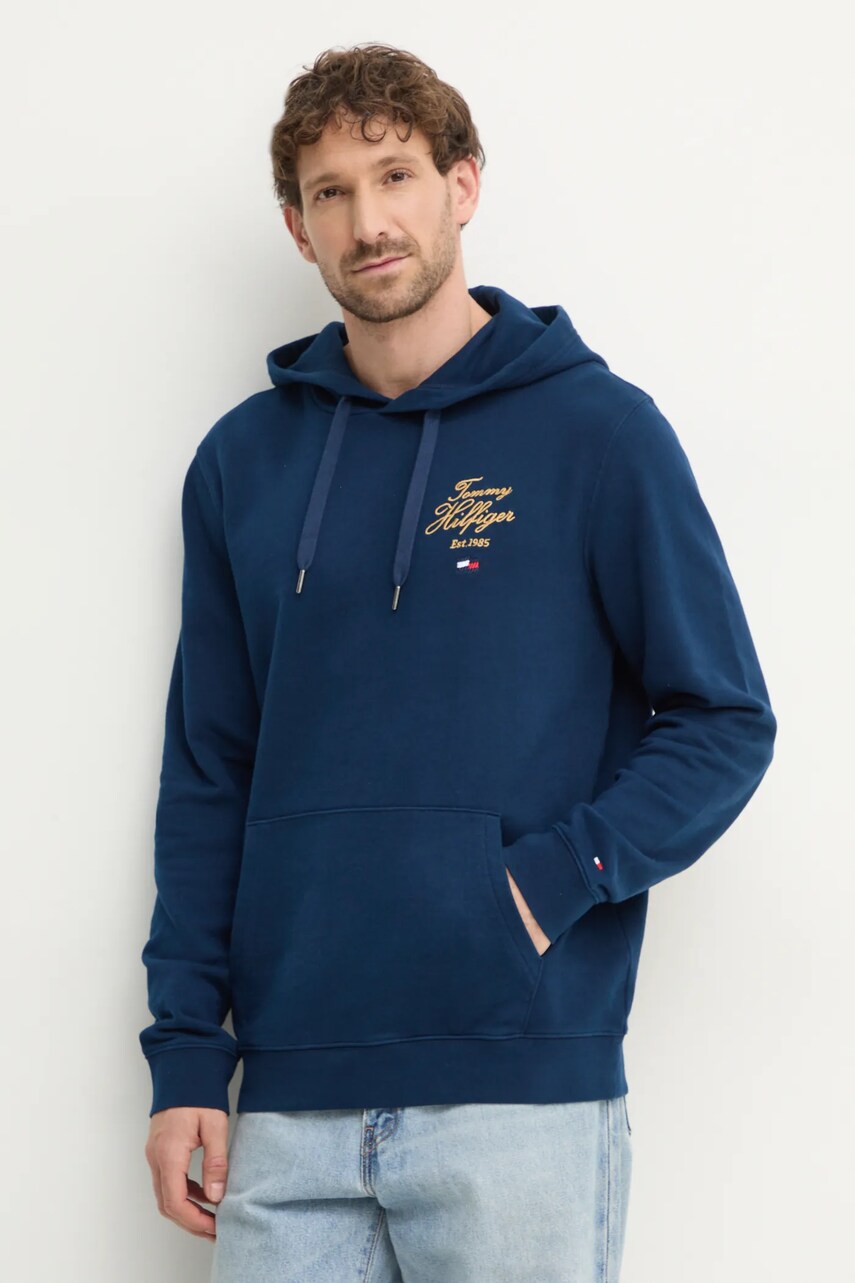 Levně Mikina Tommy Hilfiger pánská, tmavomodrá barva, s kapucí, s aplikací, MW0MW37475