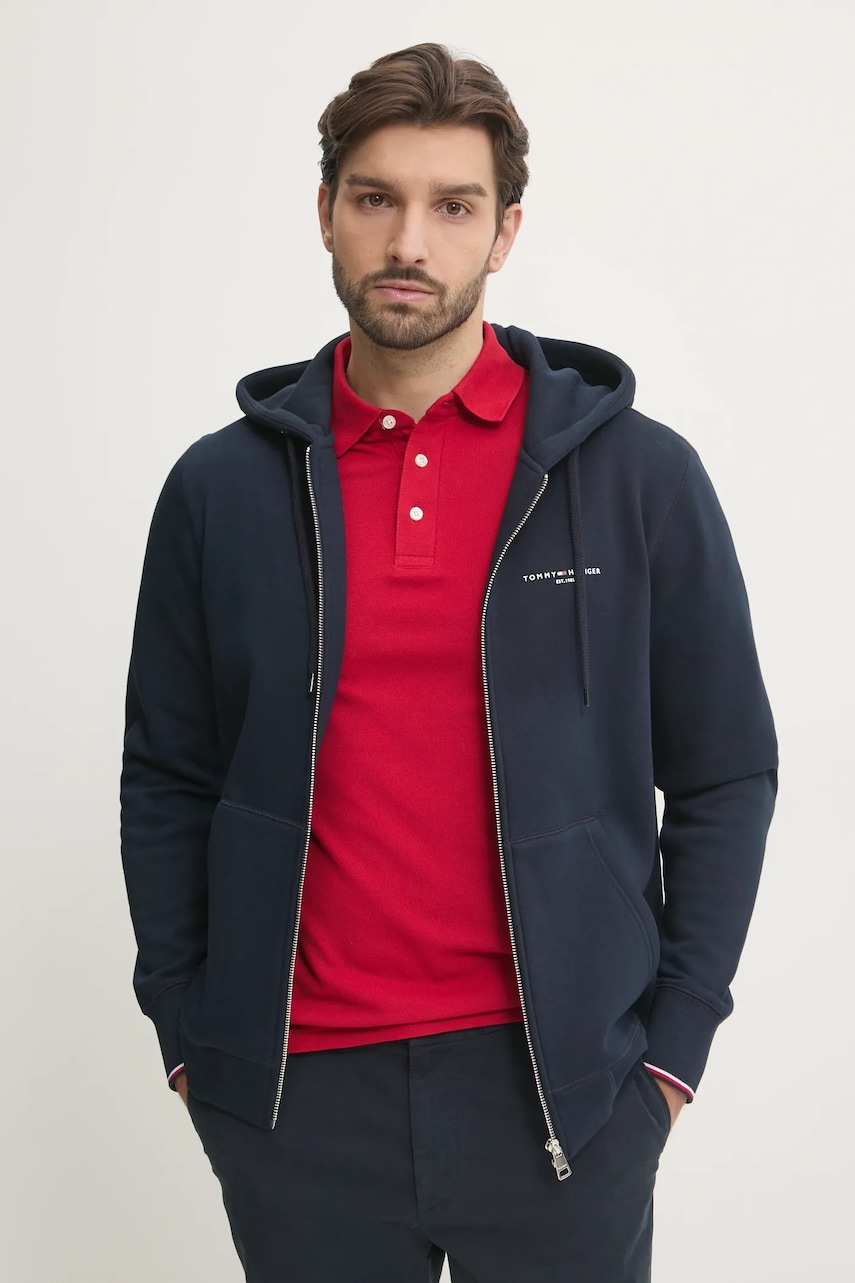 Mikina Tommy Hilfiger pánská, tmavomodrá barva, s kapucí, melanžová, MW0MW37687