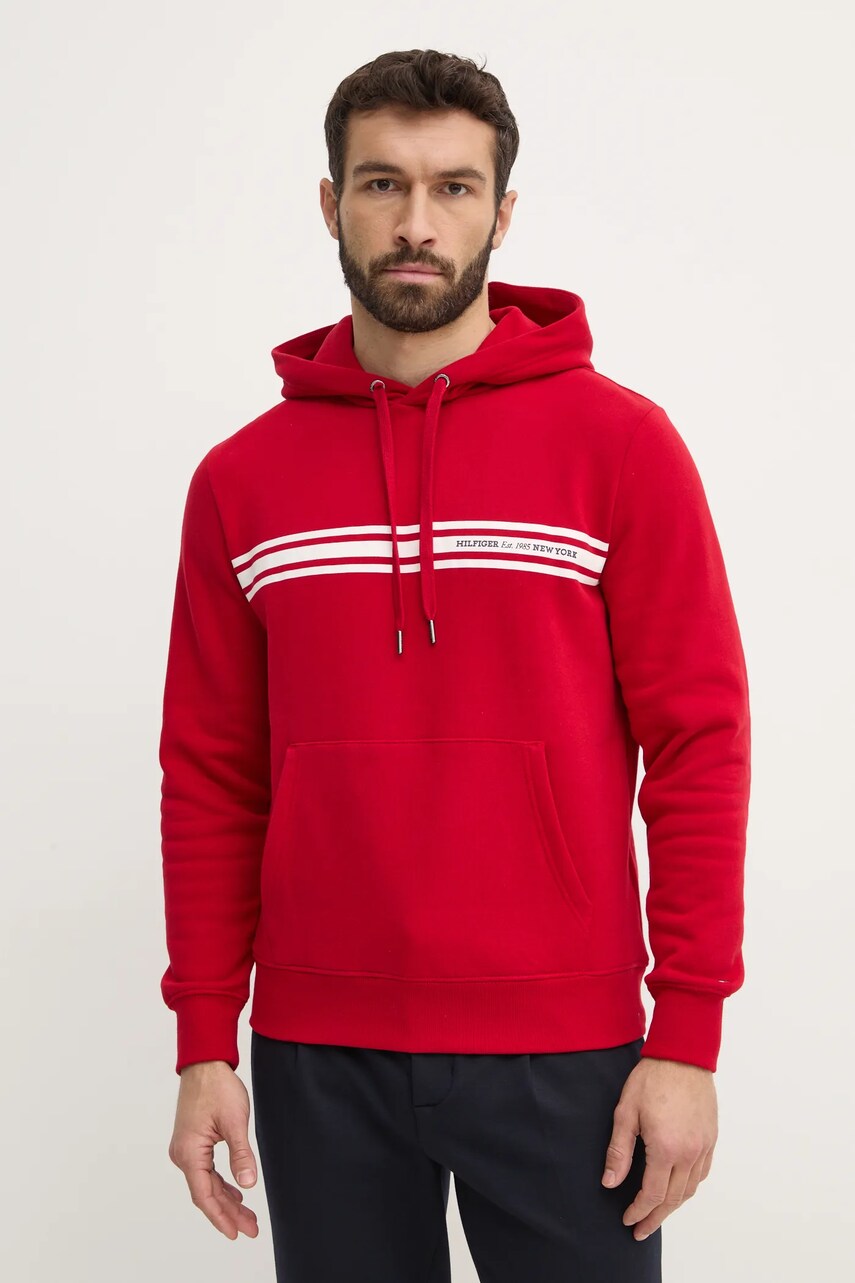 Levně Mikina Tommy Hilfiger pánská, červená barva, s kapucí, s potiskem, MW0MW38332