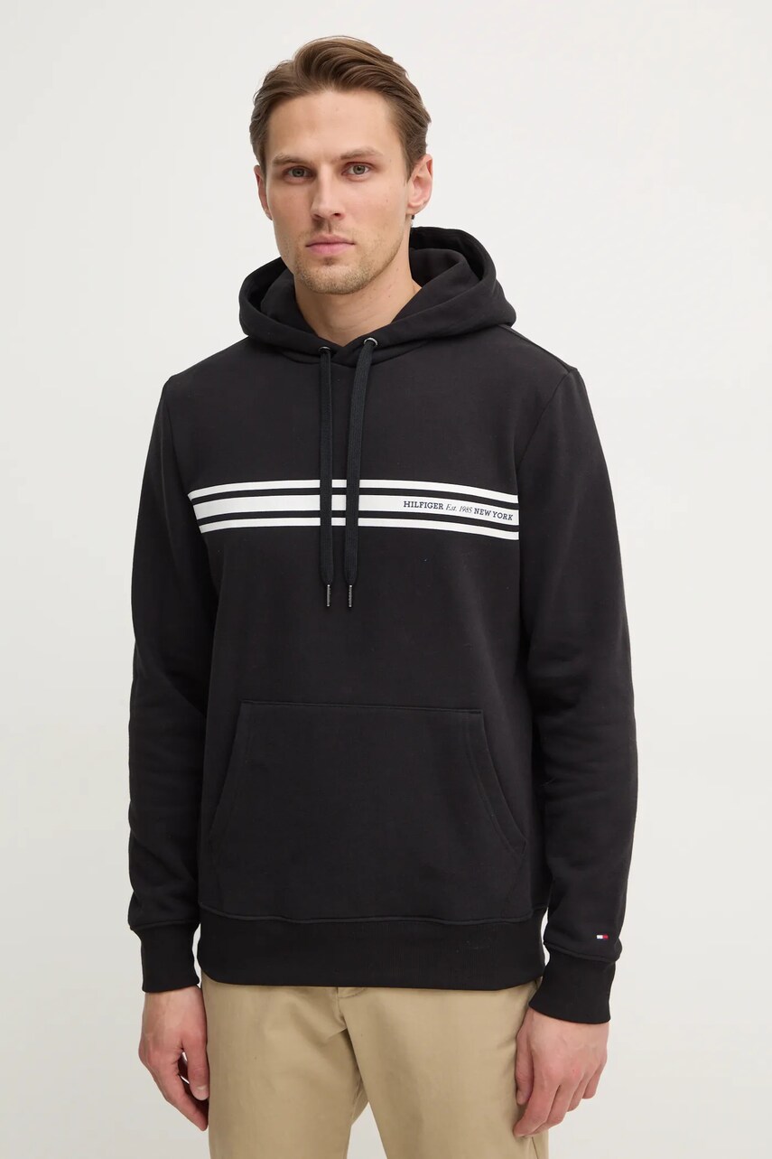 Levně Mikina Tommy Hilfiger pánská, černá barva, s kapucí, s potiskem, MW0MW38332