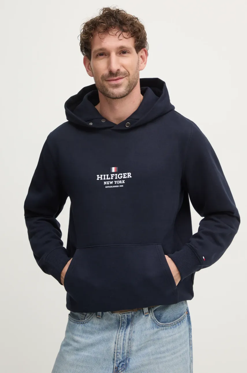 Mikina Tommy Hilfiger pánská, tmavomodrá barva, s kapucí, s potiskem, MW0MW39050