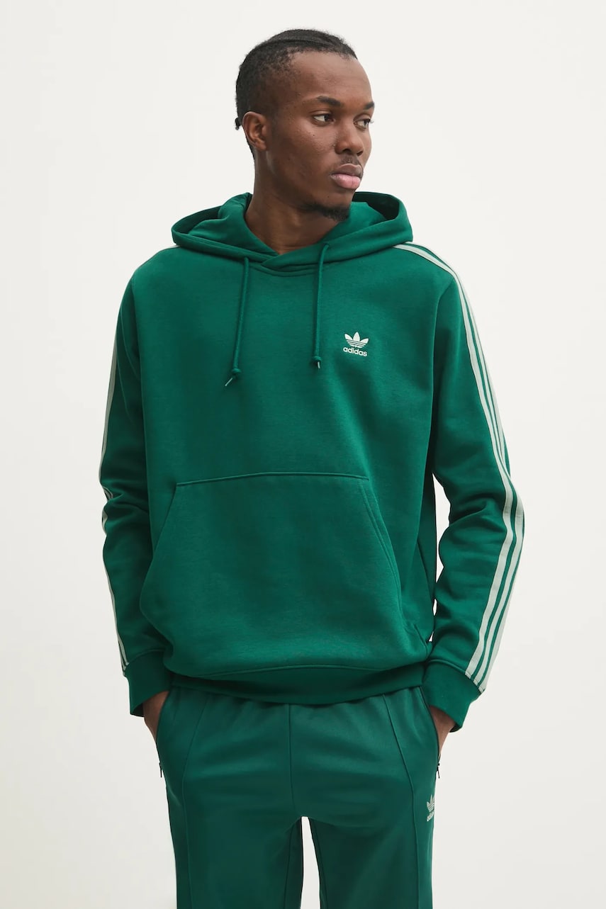 adidas Originals bluza 3-Stripes barbati, culoarea verde, cu glugă, modelator, JP1001 adidas Originals bluza 3-Stripes barbati, culoarea verde, cu glugă, modelator, JP1001