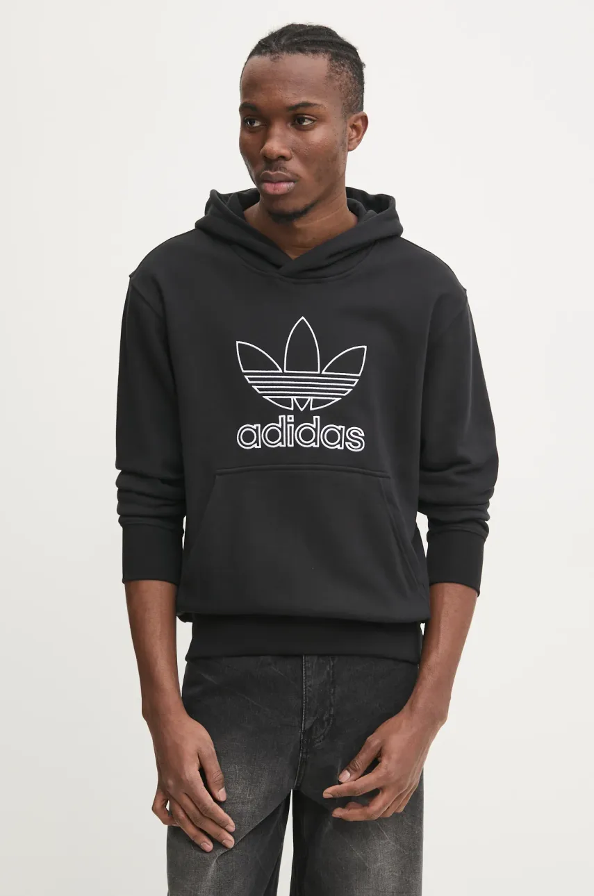 Хлопковая кофта adidas Originals OUTL TREF HDY мужская цвет чёрный с капюшоном с аппликацией JP1079 Хлопковая кофта adidas Originals OUTL TREF HDY мужская цвет чёрный с капюшоном с аппликацией JP1079