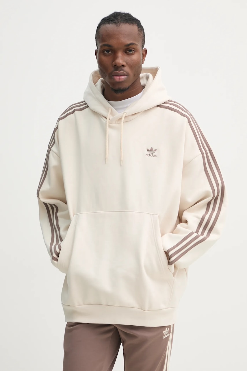 adidas Originals bluza BAGGY HOODIE barbati, culoarea bej, cu glugă, cu imprimeu, JP1073 adidas Originals bluza BAGGY HOODIE barbati, culoarea bej, cu glugă, cu imprimeu, JP1073