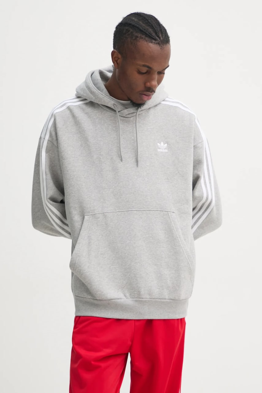 adidas Originals bluza BAGGY HOODIE barbati, culoarea gri, cu glugă, cu imprimeu, JP1076 adidas Originals bluza BAGGY HOODIE barbati, culoarea gri, cu glugă, cu imprimeu, JP1076