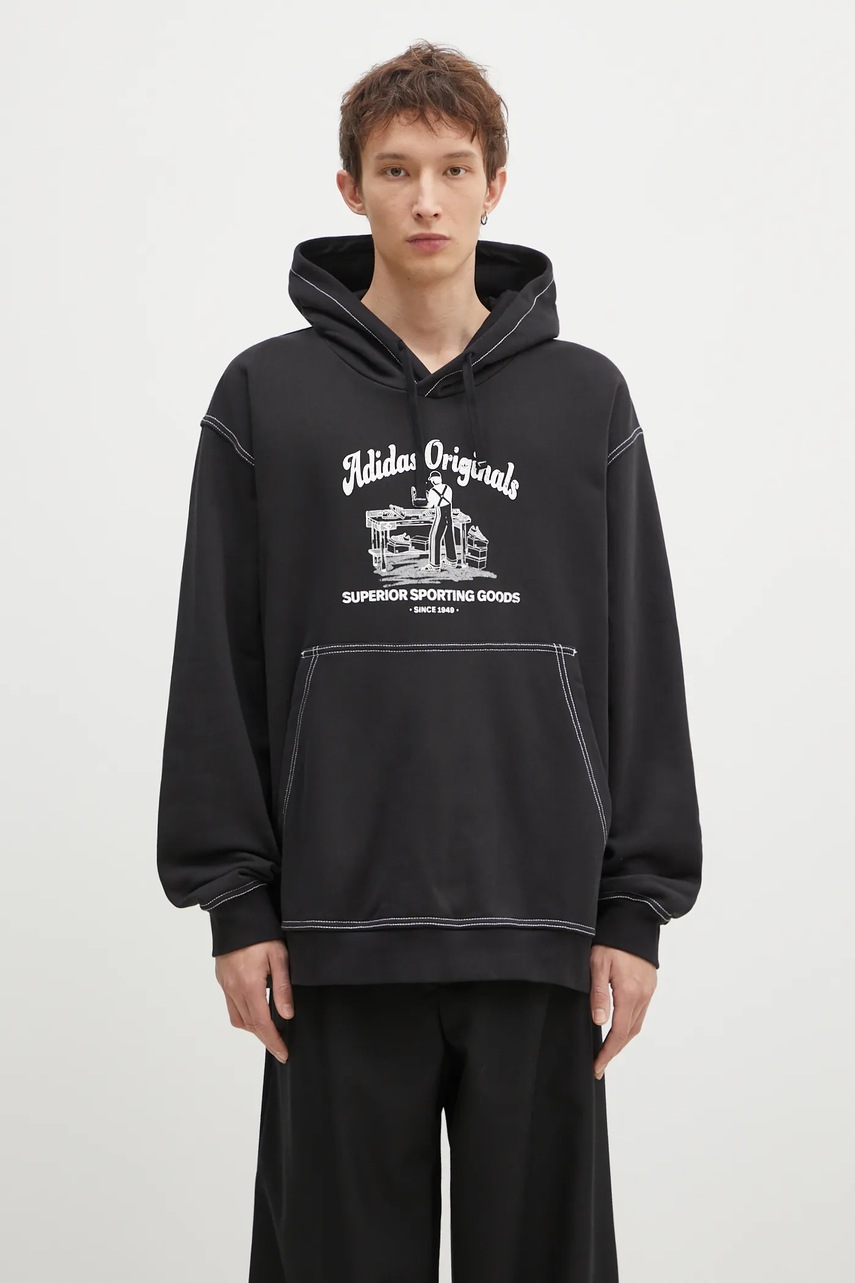 adidas Originals hanorac de bumbac Wabash barbati, culoarea negru, cu glugă, cu imprimeu, JP4483