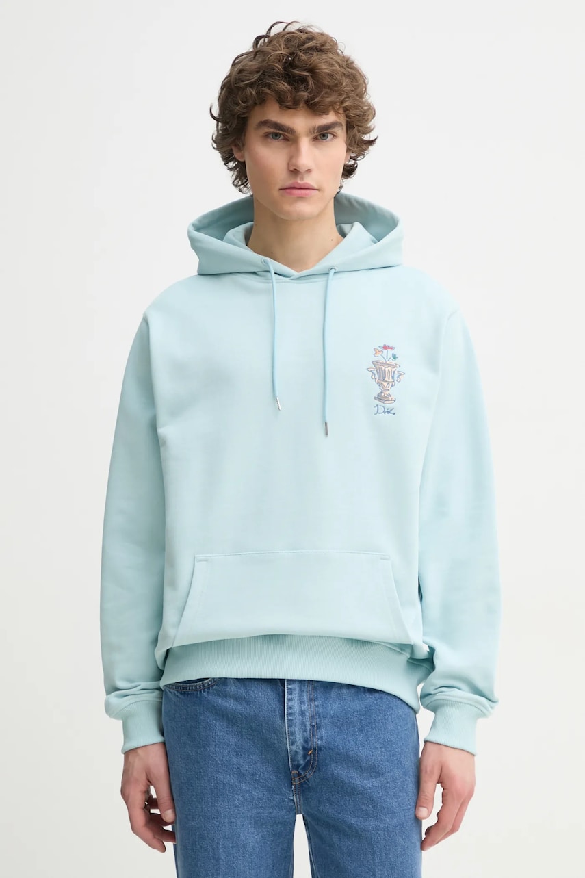 Drôle de Monsieur hanorac de bumbac Le Hoodie Vase barbati, culoarea turcoaz, cu glugă, cu imprimeu, F-HO174-CO127-LBE Drôle de Monsieur hanorac de bumbac Le Hoodie Vase barbati, culoarea turcoaz, cu glugă, cu imprimeu, F-HO174-CO127-LBE