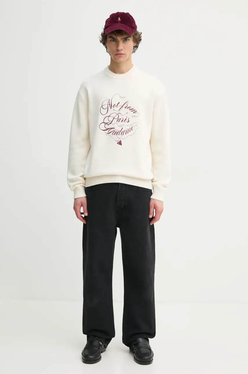 Шерстяной свитер Drôle de Monsieur Le Pull Slogan Vignes мужской цвет бежевый F-PO178-WO023-CM Шерстяной свитер Drôle de Monsieur Le Pull Slogan Vignes мужской цвет бежевый F-PO178-WO023-CM