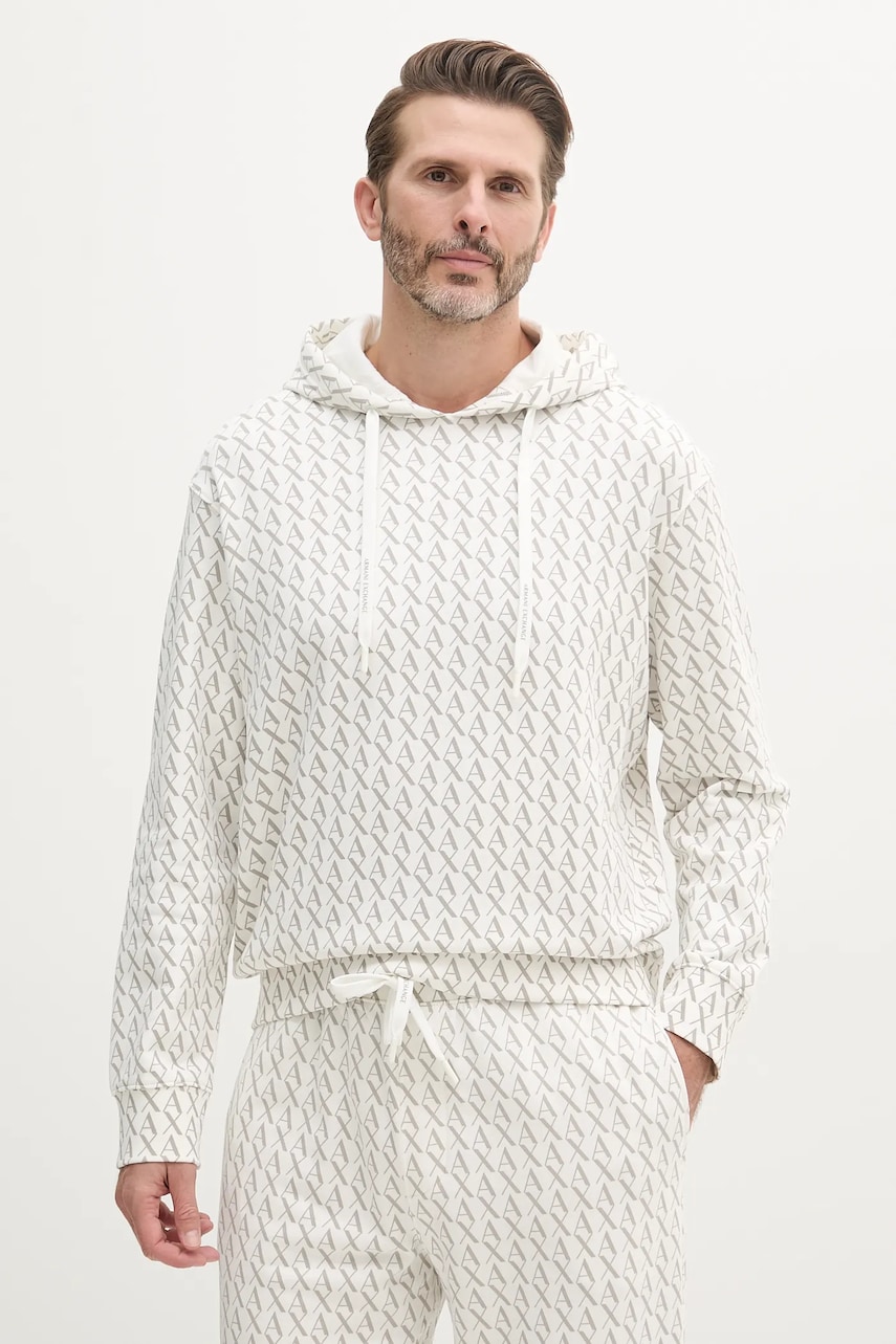 Armani Exchange hanorac de bumbac culoarea alb, cu gluga, cu imprimeu, XM001225 AF11847