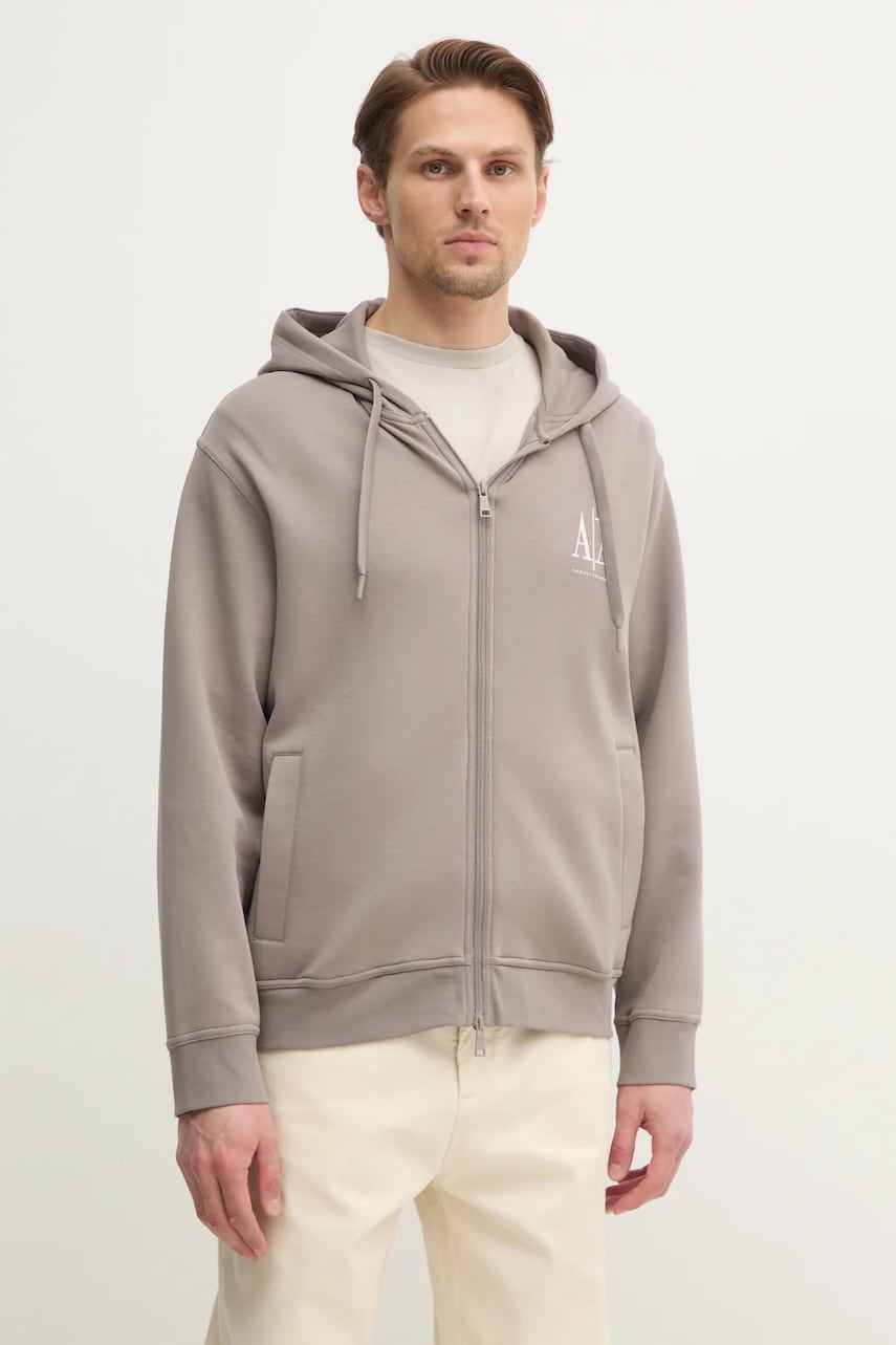 Armani Exchange bluza barbati, culoarea bej, cu glugă, cu imprimeu, XM000371 AF10818