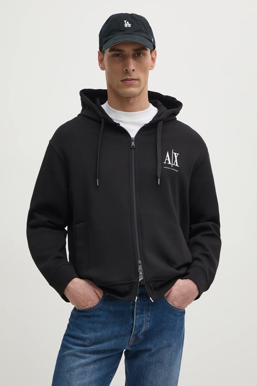 Armani Exchange bluza barbati, culoarea negru, cu glugă, cu imprimeu, XM000371 AF10818