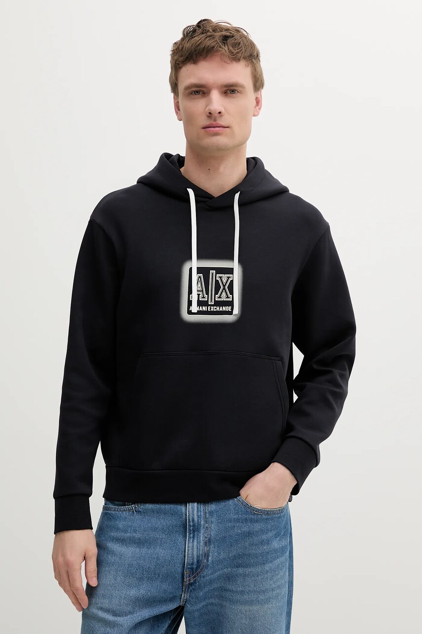 Armani Exchange bluză culoarea bleumain, cu glugă, cu imprimeu, XM000482 AF10818
