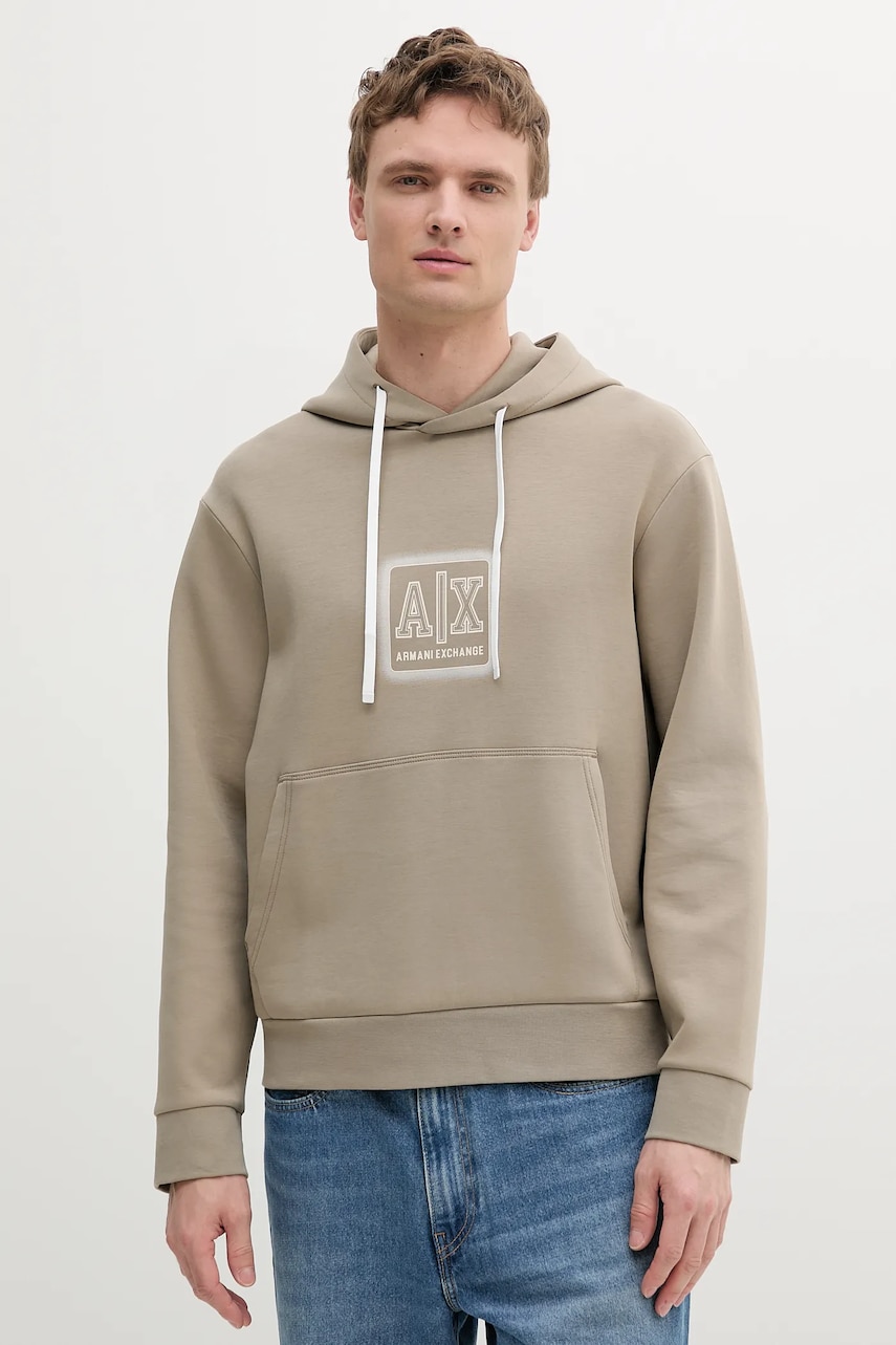 Armani Exchange bluză culoarea bej, cu glugă, cu imprimeu, XM000482 AF10818