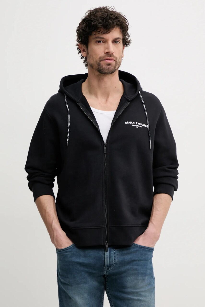 Levně Bavlněná mikina Armani Exchange pánská, tmavomodrá barva, s kapucí, s potiskem, XM000223 AF12656