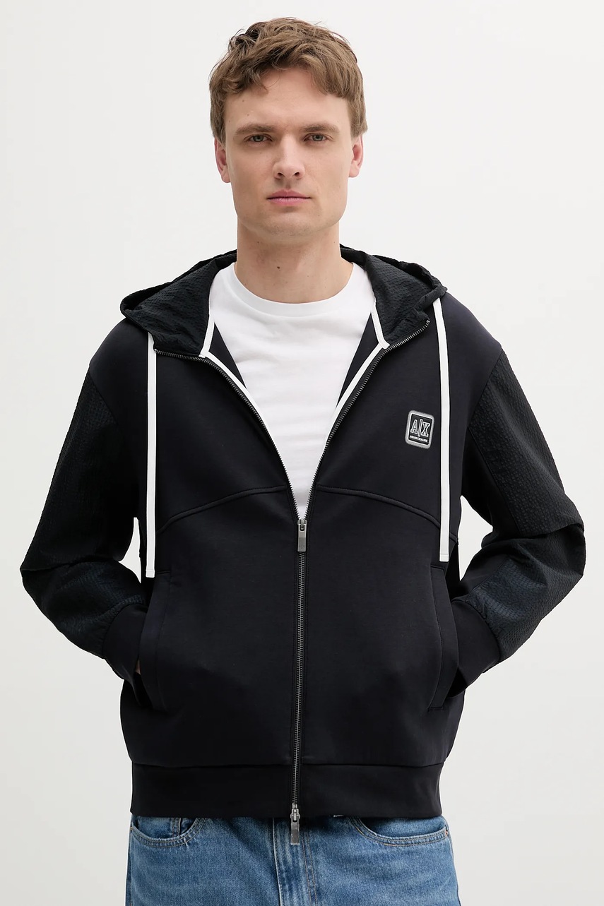 Armani Exchange bluză culoarea bleumain, cu glugă, cu imprimeu, XM000480 AF10818