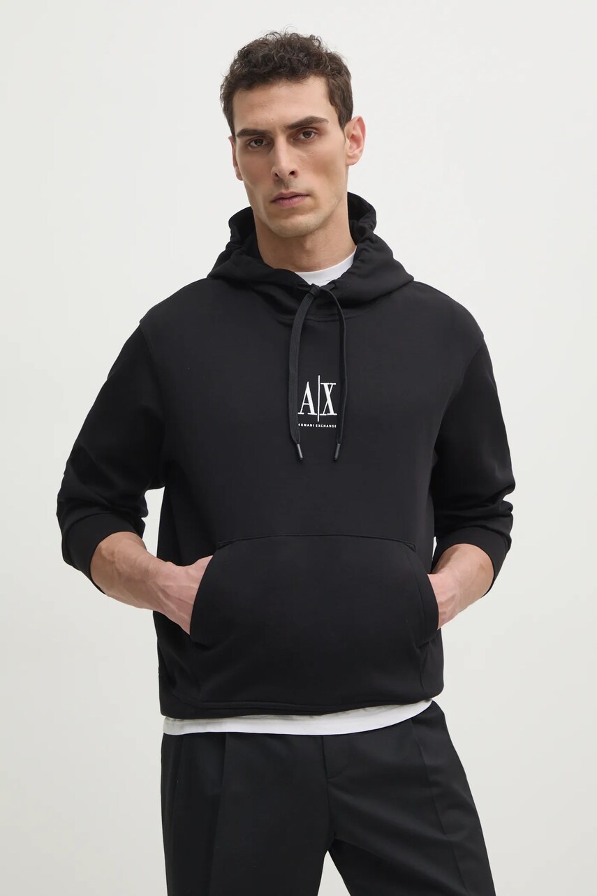 Levně Mikina Armani Exchange pánská, černá barva, s kapucí, s aplikací, XM000369 AF10818