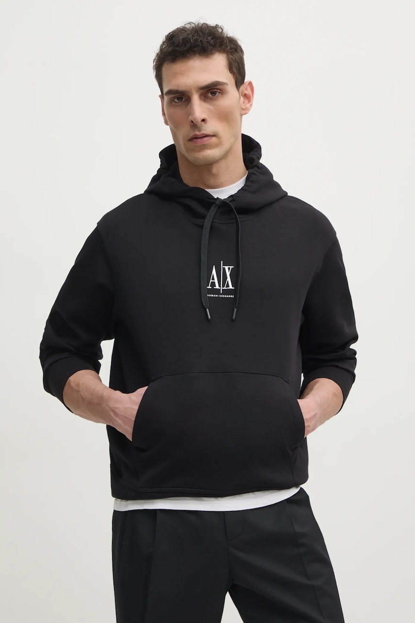 Armani Exchange bluza barbati, culoarea negru, cu glugă, cu imprimeu, XM000369 AF10818
