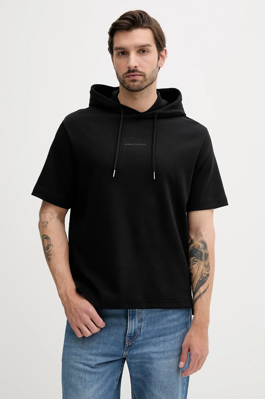 Armani Exchange hanorac de bumbac culoarea negru, cu glugă, cu imprimeu, XM000495 AF10365