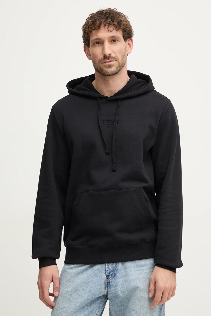 Levně Mikina Guess EMBOSSED pánská, černá barva, s kapucí, hladká, M4BQ45 K9YH1