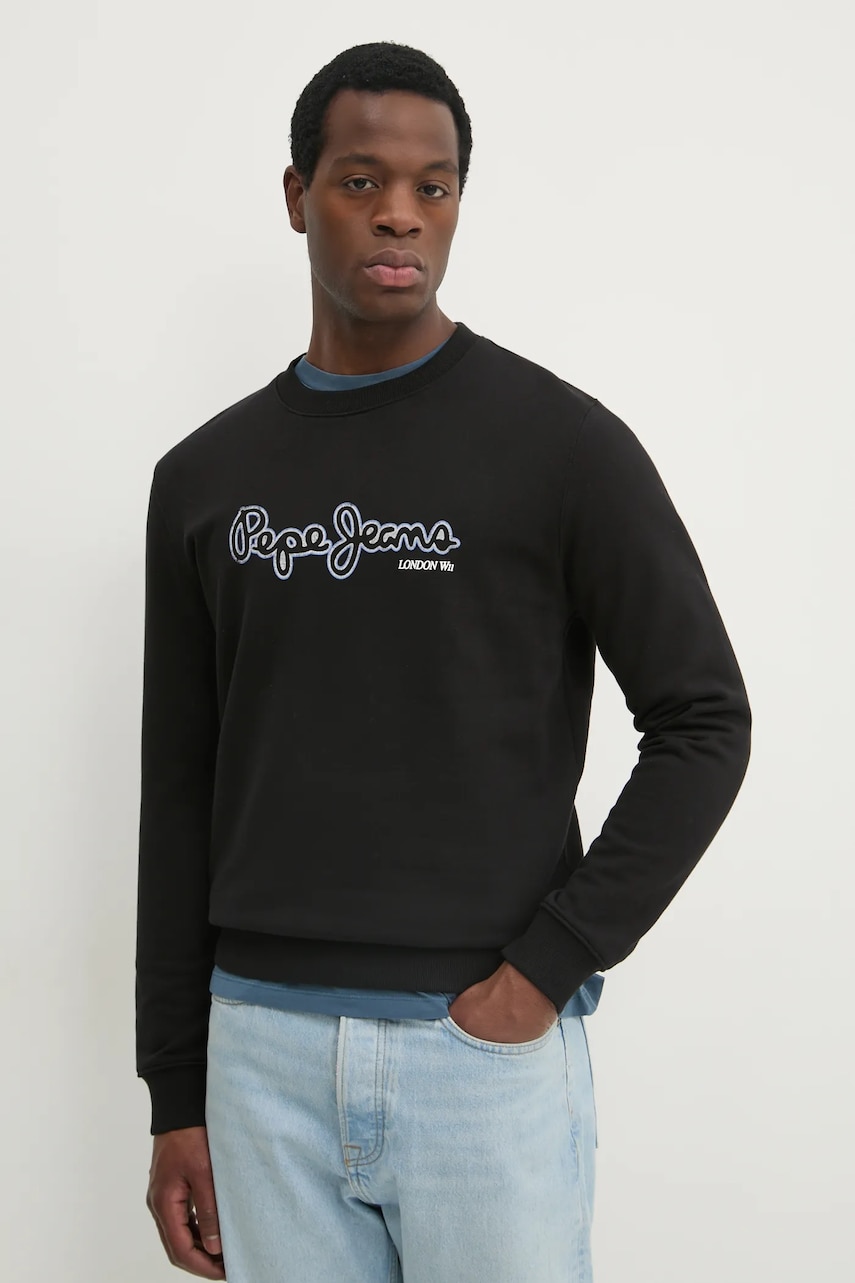 Pepe Jeans hanorac de bumbac DORIAN CREW barbati, culoarea negru, cu imprimeu, PM582757